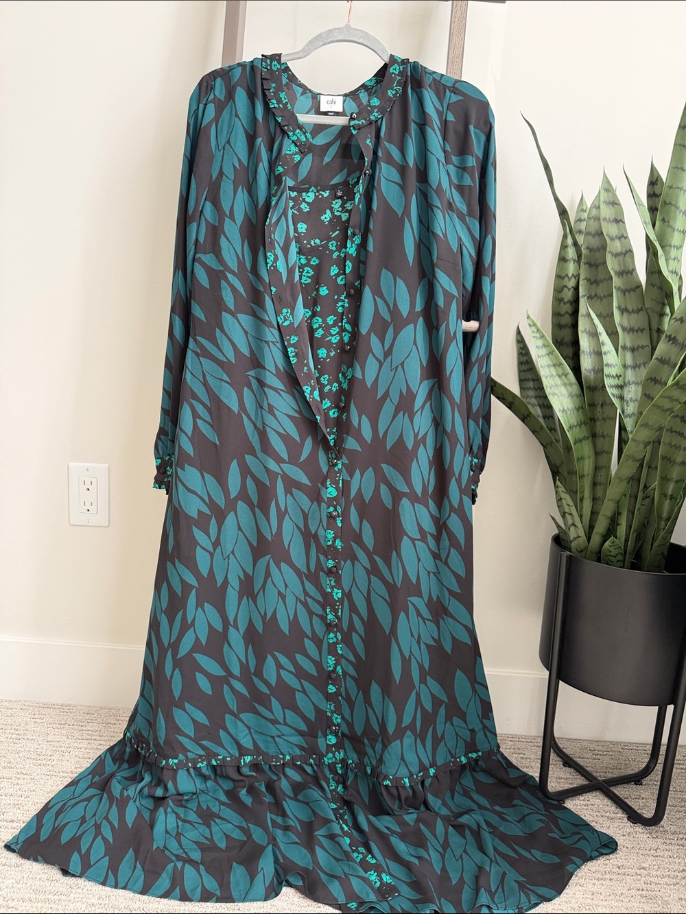CAbi Teal Leaf-Print Black Maxi Dress 2 in 1